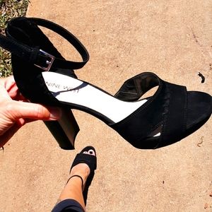 Nine West black suede velvet type textile 4 in heel strap sexy fun like